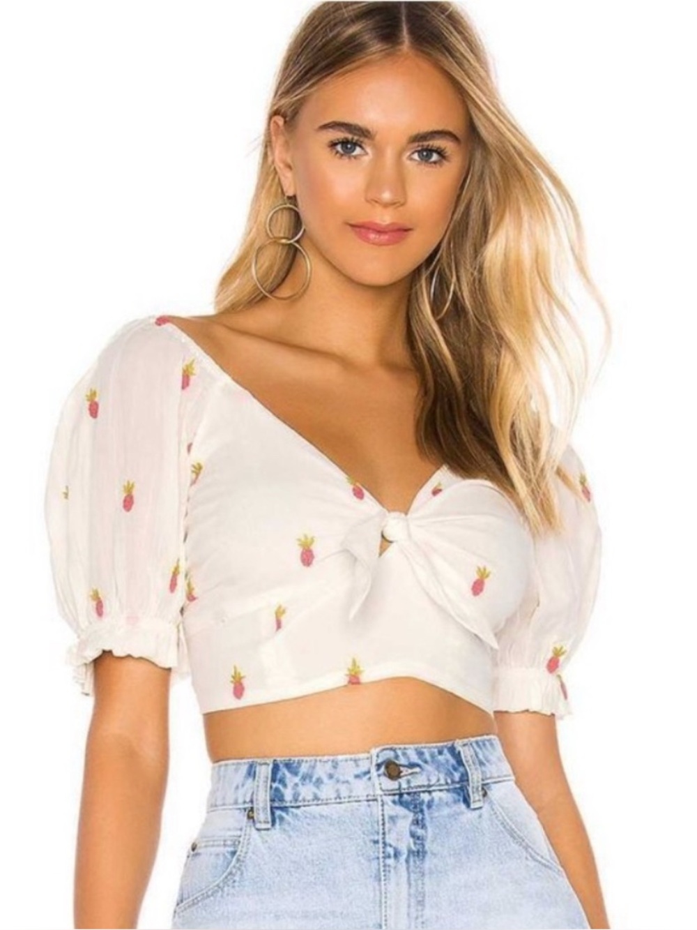 Free People XS That Luau Crop Top puff sleeves pink embroidered pineapple